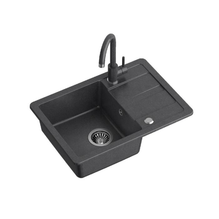 GO- SMART CZARNY zlewozmywak granitowy 1-k z/o (62x44x17,5) z baterią w kolorze i syfonem manualnym z zaślepką