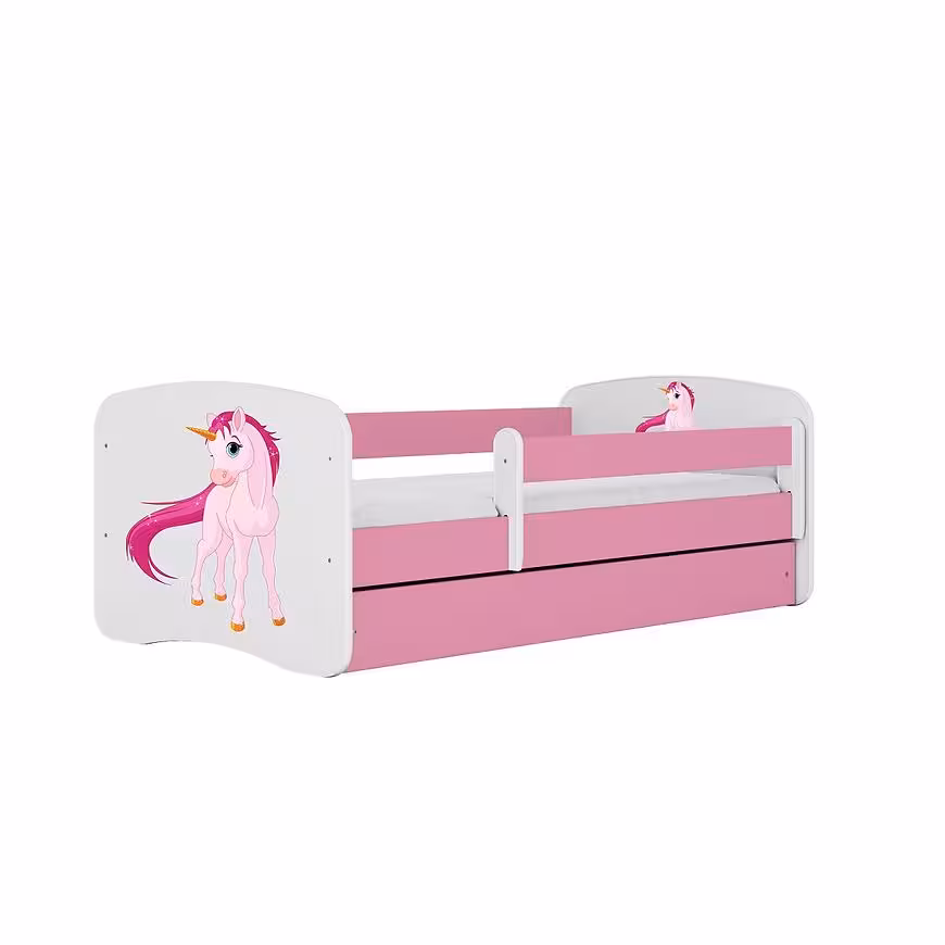 Łóżko dziecięce z materacem i szufladą Babydreams Różowe 80x160 Jednorożec