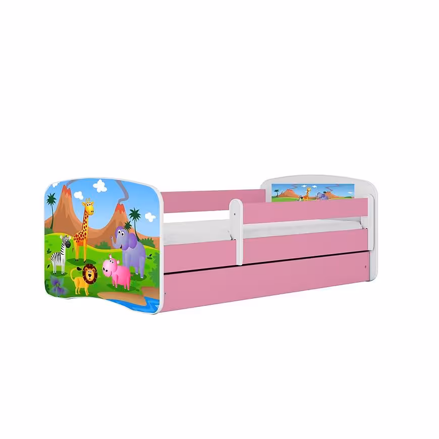 Łóżko dziecięce z materacem i szufladą Babydreams Różowe 80x160 Safari