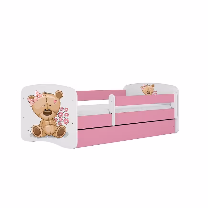 Łóżko dziecięce z materacem i szufladą Babydreams Różowe 80x180 Miś Kwiatki