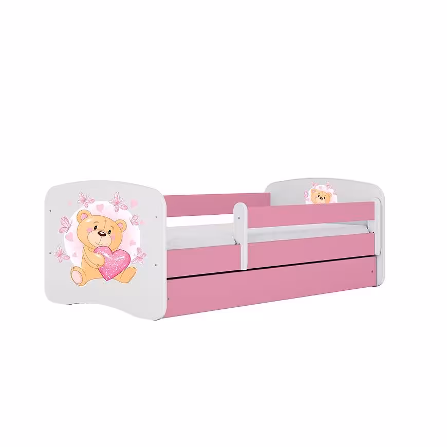 Łóżko dziecięce z materacem i szufladą Babydreams Różowe 80x180 Miś Motyl