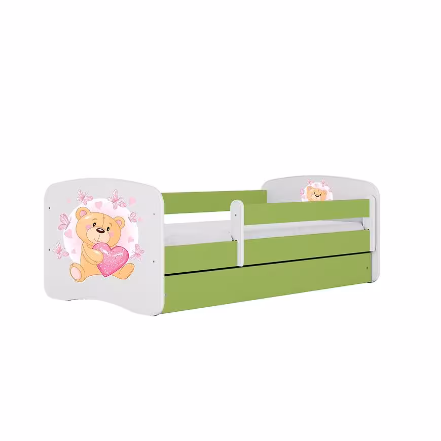Łóżko dziecięce z materacem i szufladą Babydreams Zielone 80x160 Miś Motyl
