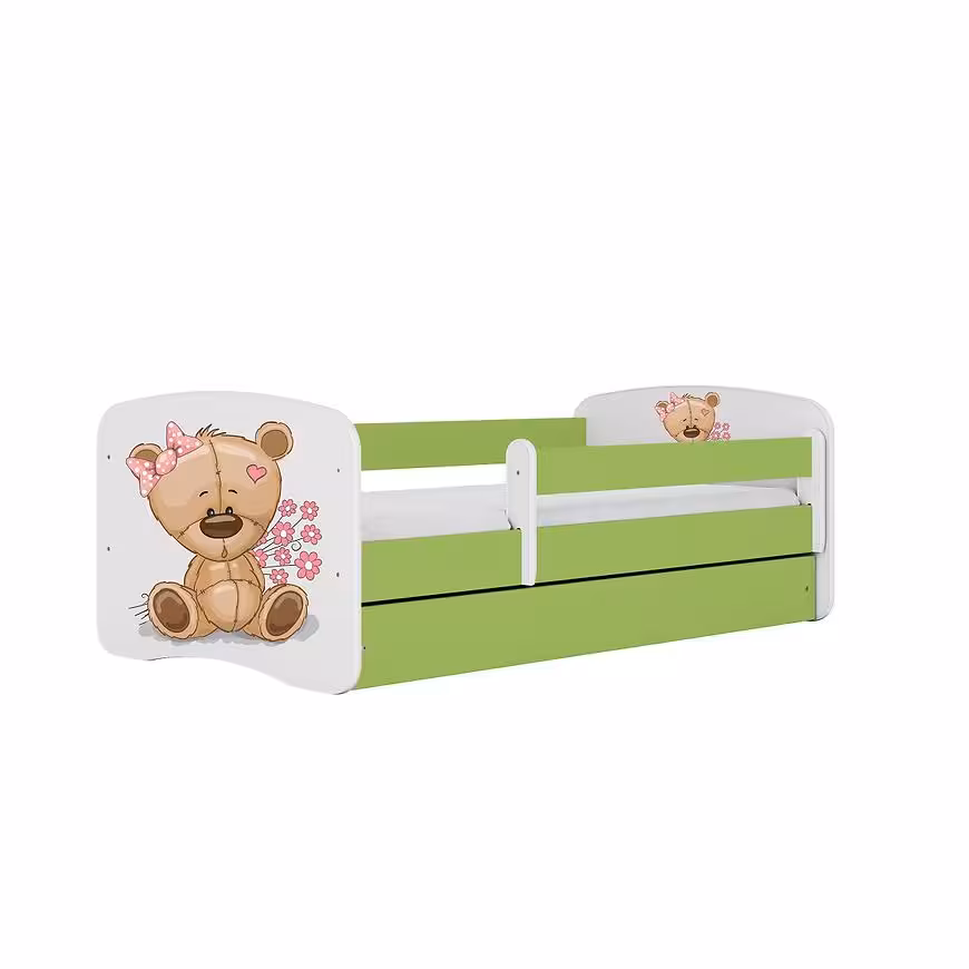 Łóżko dziecięce z materacem i szufladą Babydreams Zielone 80x180 Miś Kwiatki