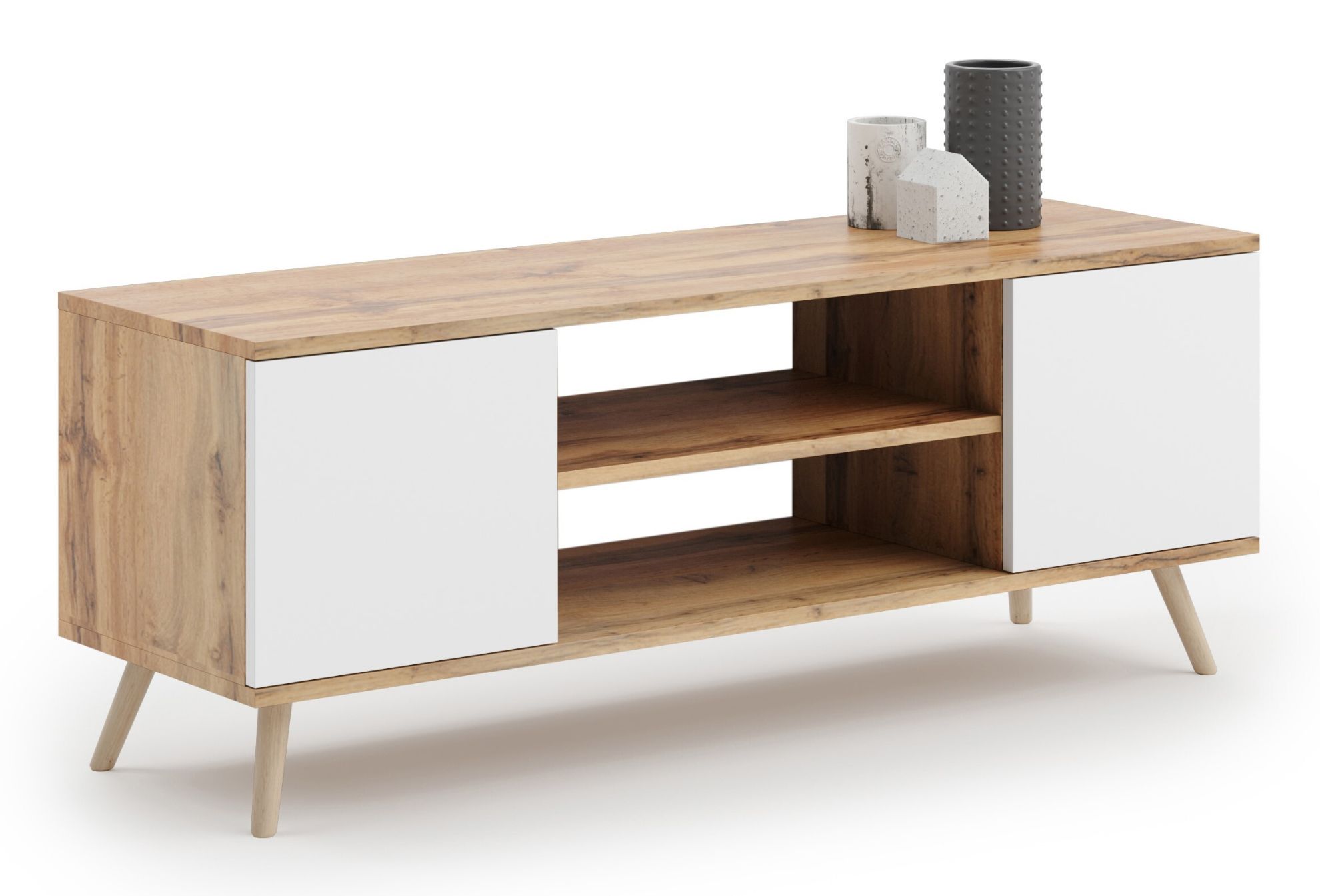 Szafka RTV 135 cm skandynawska dąb craft złoty-biel